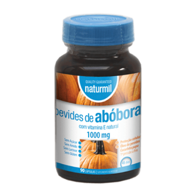 Frasco de suplemento alimentar Naturmil pevides de abóbora 1000 mg