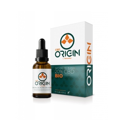 Frasco de óleo CBD Origin 20% com embalagem exterior