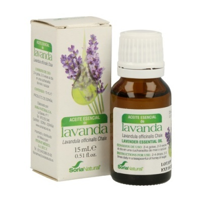 Frasco de óleo essencial de lavanda com caixa com imagens de flores de lavanda