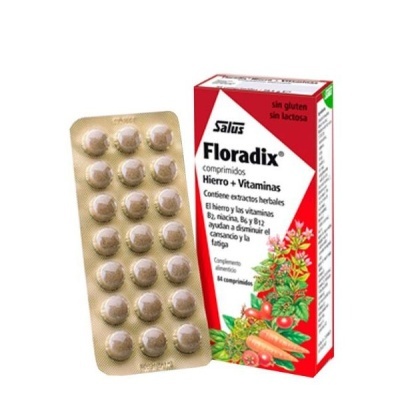 Embalagem de comprimidos Floradix vermelho e branco com extratos herbais e texto em espanhol