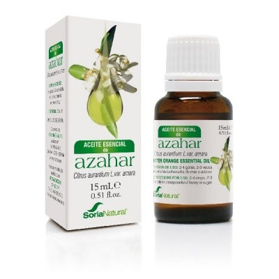 Frasco de óleo essencial de azahar com caixa branca e imagem de flor