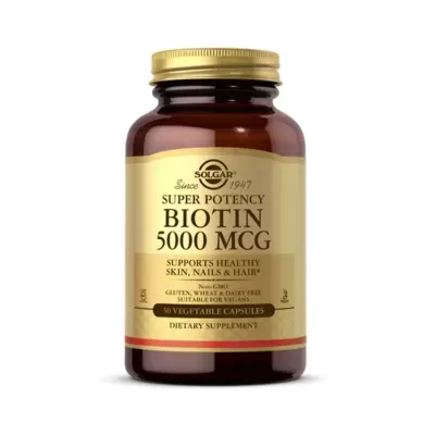 Frasco de suplemento Biotin 5000 MCG da Solgar