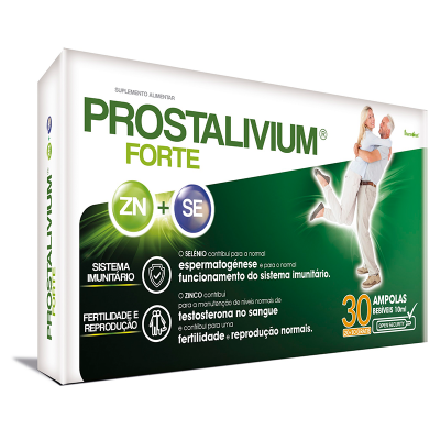 Caixa do suplemento PROSTALIVIUM FORTE com 30 ampolas, texto sobre zinco e selênio, imagem de casal idoso