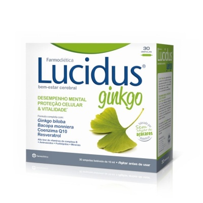 Embalagem de suplemento Farmodiética Lucidus ginkgo com design branco e verde e folhas desenhadas