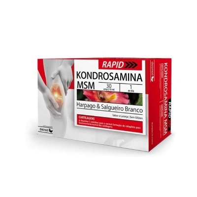 Embalagem de RAPID KONDROSAMINA MSM com 30 ampolas, sabor Laranja, Harpago e Salgueiro Branco