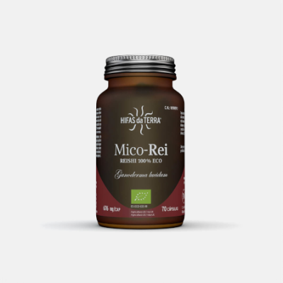 Frasco de suplemento alimentar Mico-Rei com rótulo castanho e vermelho