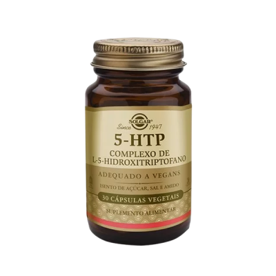 Frasco de suplemento Solgar 5-HTP com rótulo dourado e texto em português