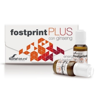 Frascos e embalagem do suplemento 'fostprint PLUS con ginseng' da Soria Natural