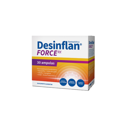 Embalagem branca amarela do suplemento Desinflan FORCE RX 30 ampolas
