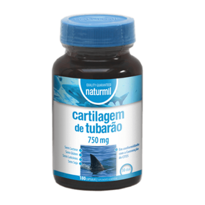 frasco de cápsulas de cartilagem de tubarão naturmil 750 mg com tampa azul