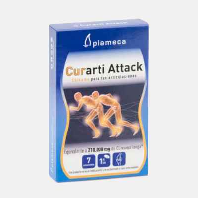Embalagem azul do suplemento Curarti Attack com ilustração de figuras humanas em movimento