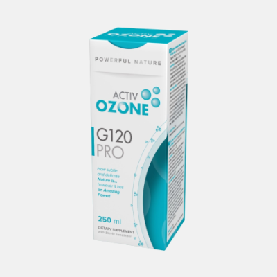 Embalagem do suplemento ACTIV OZONE G120 PRO 250 ml branca e azul