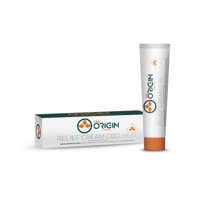 Creme CBD Origin Relief Cream Heat em tubo branco com tampa laranja e caixa