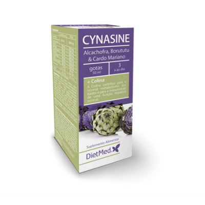 Embalagem do suplemento alimentar CYNASINE da DietMed com alcachofra, borututu e cardo mariano em gotas de 50 ml