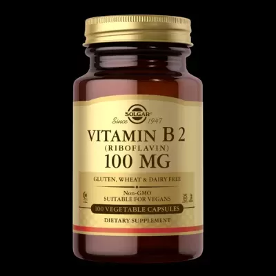Frasco de vitamina B2 da Solgar com rótulo dourado e texto preto