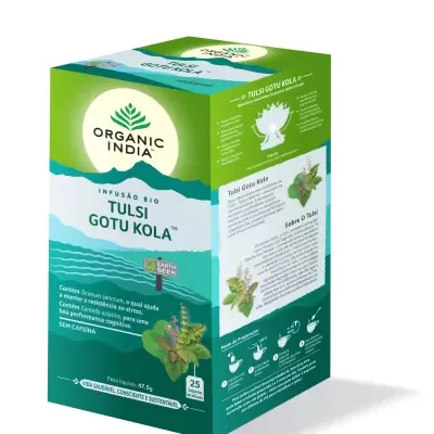 Caixa de chá Organic India Tulsi Gotu Kola, verde e azul, com folhas e instruções.