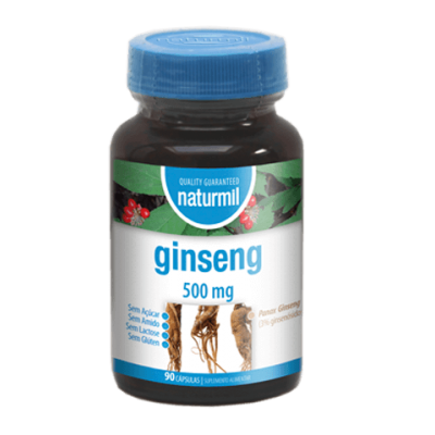 Frasco de suplemento alimentar Naturmil Ginseng 500 mg com tampa azul e rótulo branco e azul
