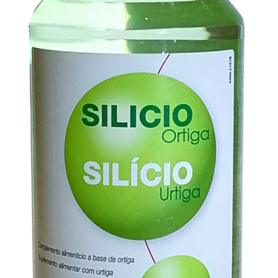 Frasco de suplemento alimentar líquido verde claro com rótulo branco e verde