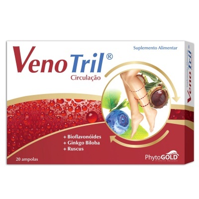Embalagem de suplemento alimentar VenoTril Circulação com 20 ampolas e imagem de pernas e frutas