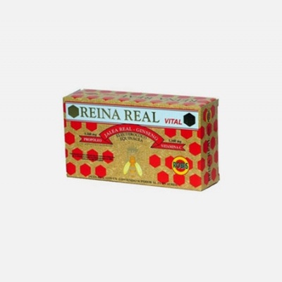 Embalagem de produto Reina Real Vital com padrão hexagonal vermelho e dourado e imagens de abelhas.