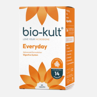 Caixa de suplemento bio-kult Everyday 60 cápsulas com design branco e laranja