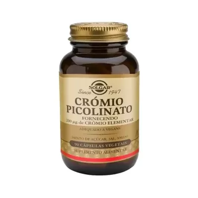 Frasco de suplemento Crómio Picolinato da Solgar com rótulo bege e tampa dourada