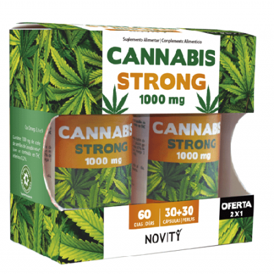 Embalagem de suplemento Cannabis Strong 1000 mg com folhas de cannabis e oferta 2x1