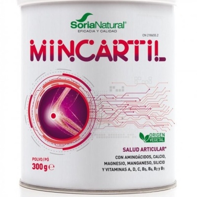 Lata de suplemento alimentar Mincartil da Soria Natural com design gráfico de articulação e circuitos