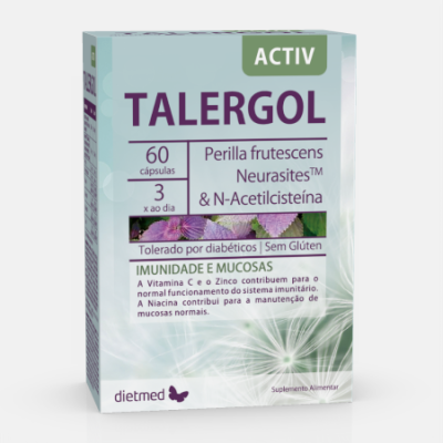 Embalagem de suplemento Talergol ACTIV com informações e design em verde claro e roxo