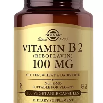 Frasco de vitamina B2 Solgar 100 mg com cápsulas vegetais
