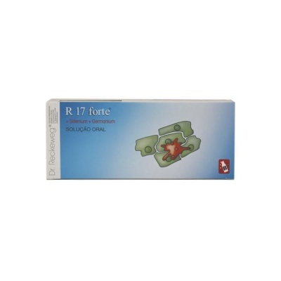 Embalagem azul e branca do R 17 forte solução oral da Dr. Reckeweg