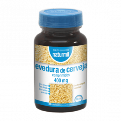 Frasco de comprimidos de evadura de cerveja Naturmil com rótulo branco e azul