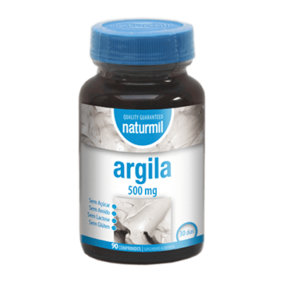 frasco de comprimidos Naturmil argila 500 mg com tampa azul