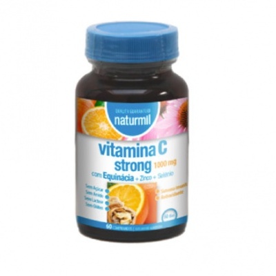 frasco de suplemento vitamina C strong 1000 mg Naturmil com tampa azul