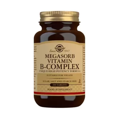 Frasco Solgar Megasorb Vitamin B-Complex 100 comprimidos vidro castanho