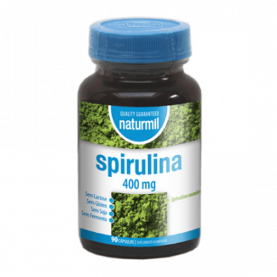 Frasco de suplemento Naturmil Spirulina 400 mg com tampa azul e rótulo branco e azul.