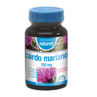 Frasco de suplemento Naturmil Cardo Mariano 500 mg com tampa azul