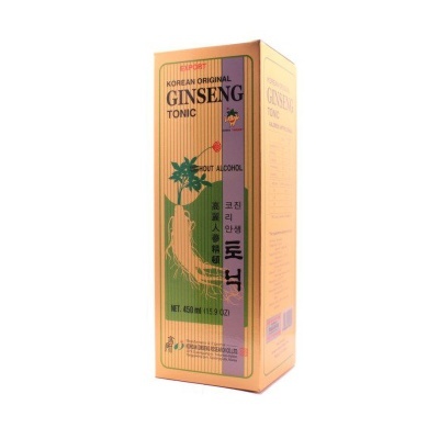 Embalagem de tónico de ginseng coreano original sem álcool, cor laranja com ilustração verde de ginseng
