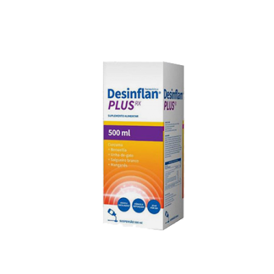 Embalagem de suplemento alimentar Desinflan PLUS RX 500 ml com design branco, roxo e laranja