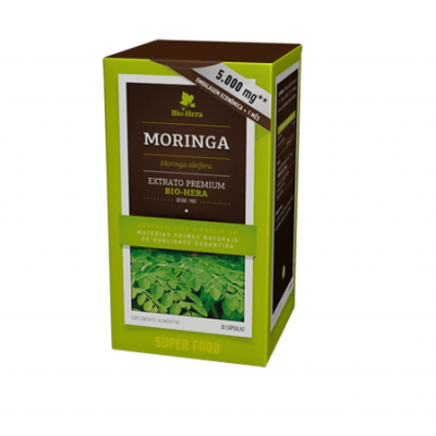 Caixa do suplemento alimentar Bio-Hera Moringa em cores verde e castanha