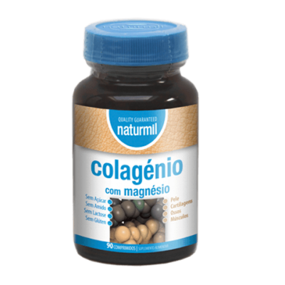 Frasco de suplemento Naturmil colagénio com magnésio com 90 comprimidos
