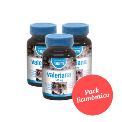 Três frascos de suplemento Naturmil Valeriana 500 mg com tampa azul em pack económico