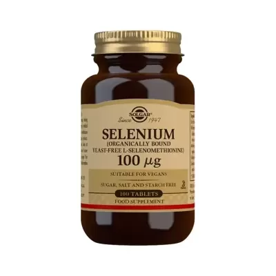 Frasco de suplemento Solgar Selenium 100 mcg 100 comprimidos