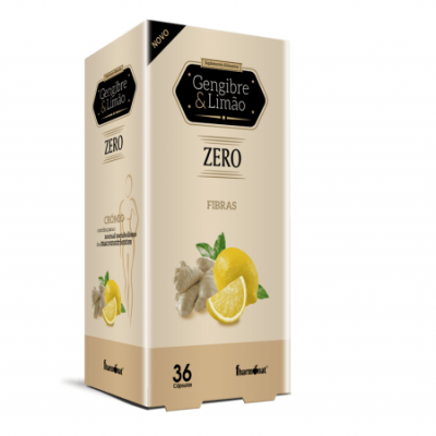 Embalagem creme de cápsulas Gengibre & Limão ZERO com 36 cápsulas, ilustrações de gengibre e limão