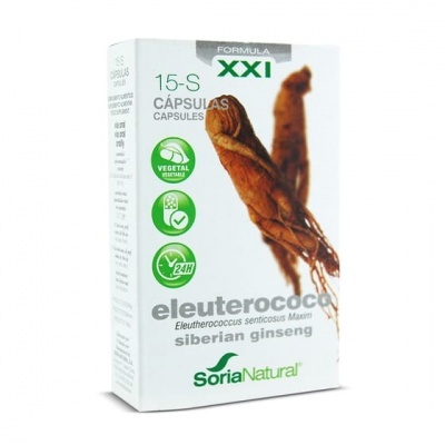 Caixa de cápsulas de eleuterococo Soria Natural com imagem de raízes e texto em verde e preto.