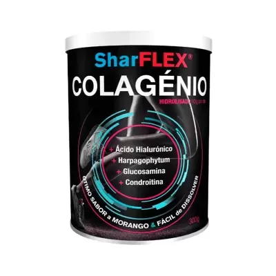 Embalagem preta de suplemento SharFLEX COLAGÉNIO com texto e design circular colorido