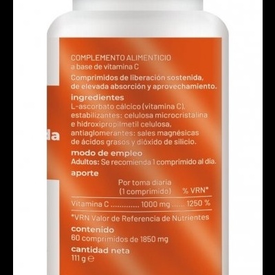 Frasco branco de suplemento de vitamina C com rótulo laranja e texto informativo.