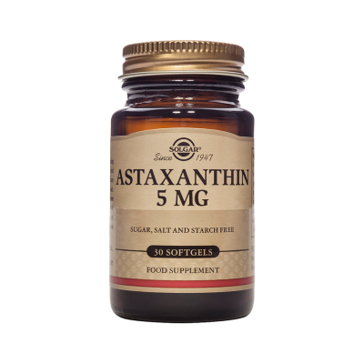 Frasco de suplemento Solgar Astaxanthin 5 MG com 30 softgels