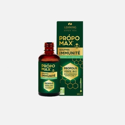 Frasco de gotas PRÓPO MAX imunidade com embalagem verde e texto em francês