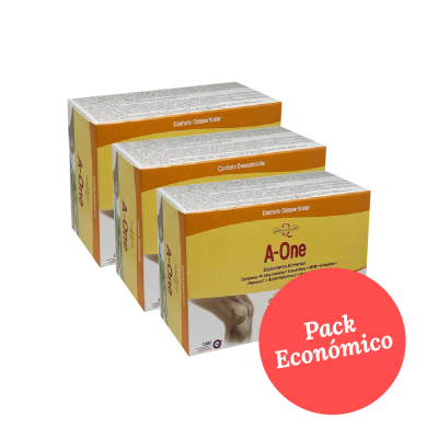Três caixas do suplemento alimentar A-One com selo Pack Económico
